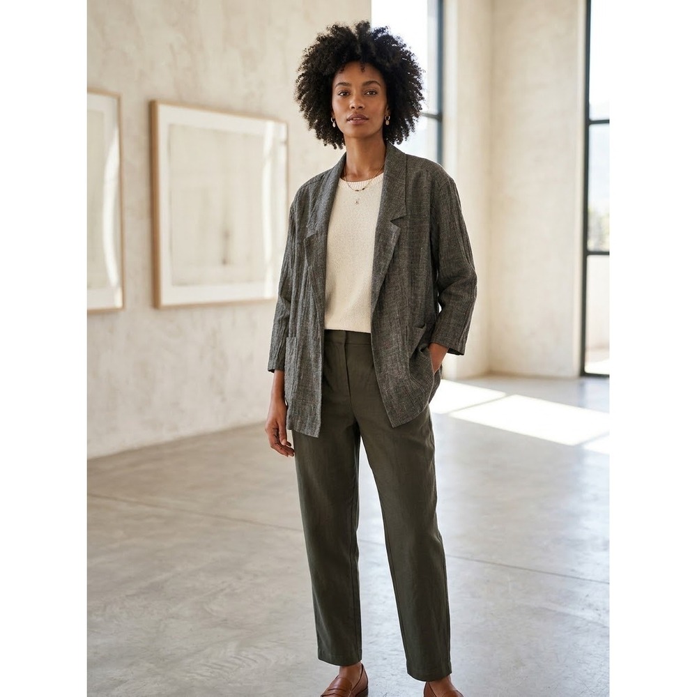 Poetry Linen Blend Open Front Blazer Gray Textured Jacket US 6